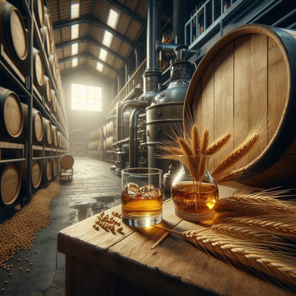 a glass of whiskey and wheat ears in a glass vase in a distillery