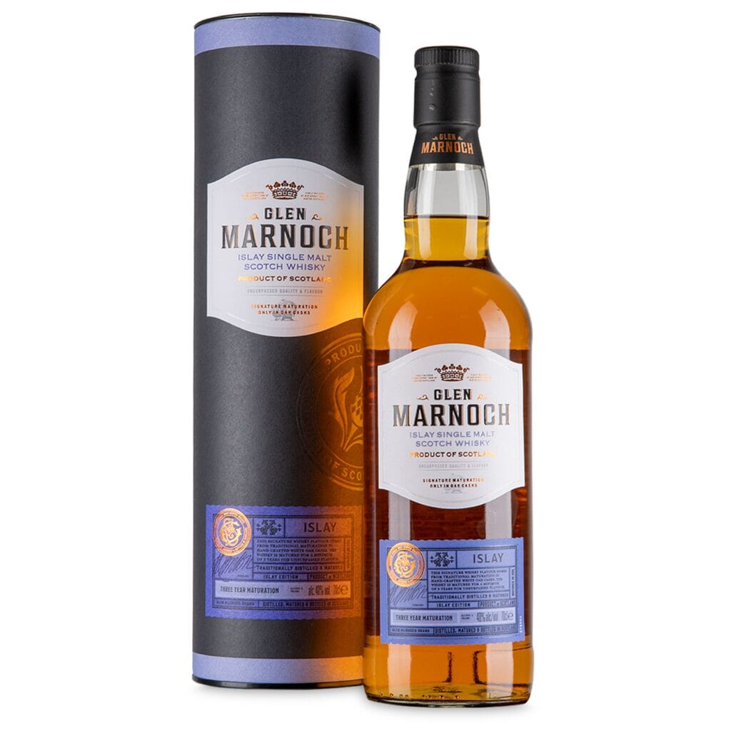 a bottle of glen marnoch islay next to a cylindrical box